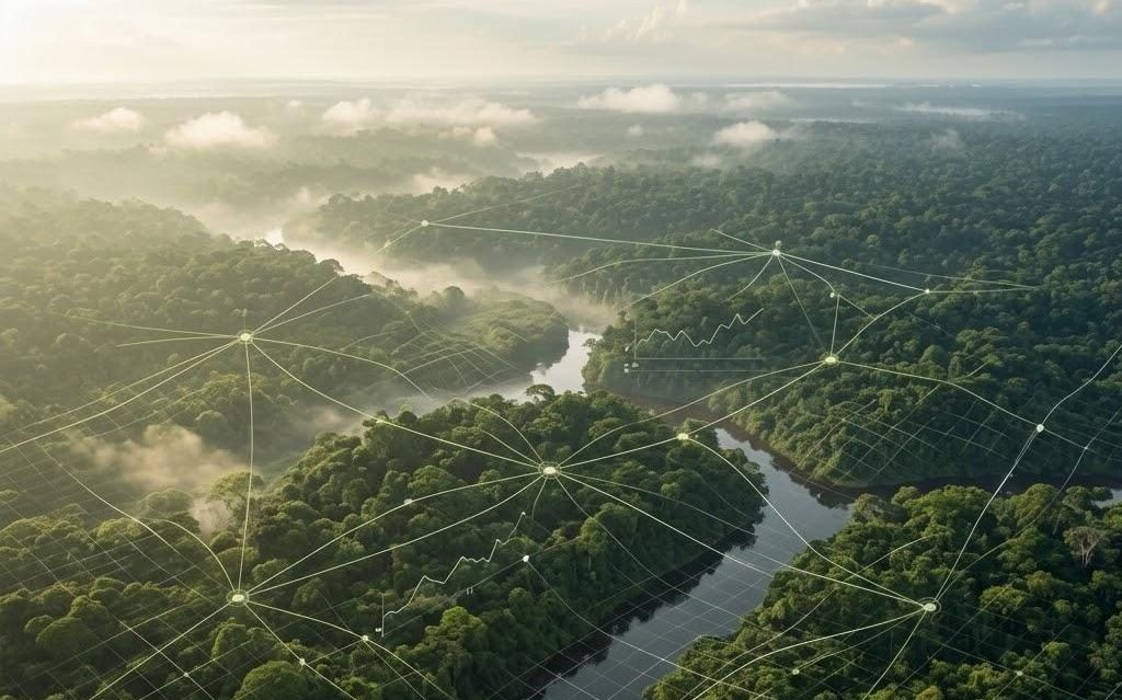 Vista aérea de uma floresta densa com um rio serpenteando, coberta por névoa, e sobreposta por uma rede gráfica mostrando conexões e dados.